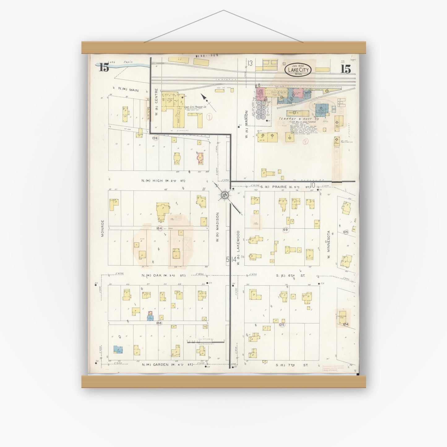 Old map wall art mockup — magnetic wood frame on white wall — Sanborn Fire Insurance Map from Lake City, Wabasha County, Minnesota (1938), Sheet #0015
