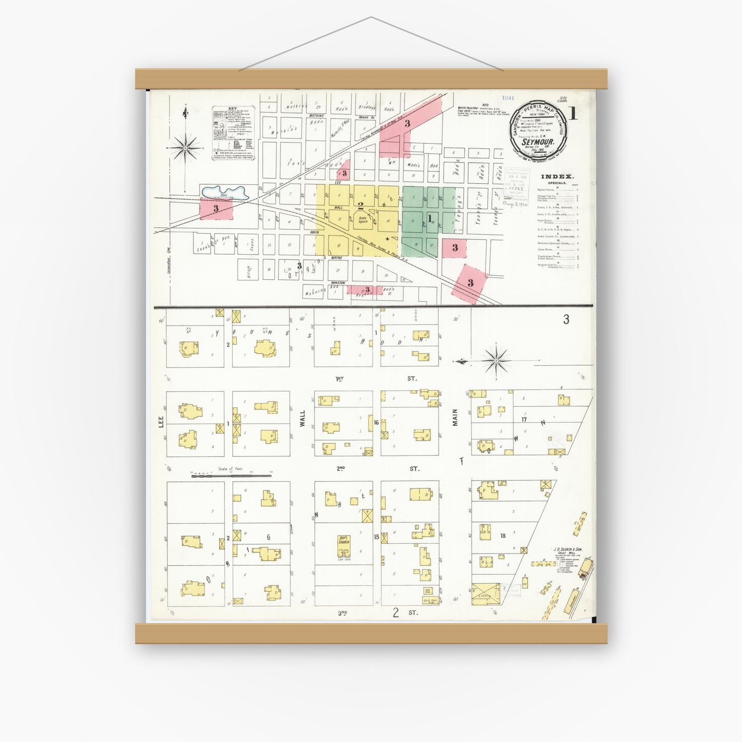 Old map wall art mockup — magnetic wood frame on white wall — Sanborn Fire Insurance Map from Seymour, Wayne County, Iowa (1900) â€” Complete Set