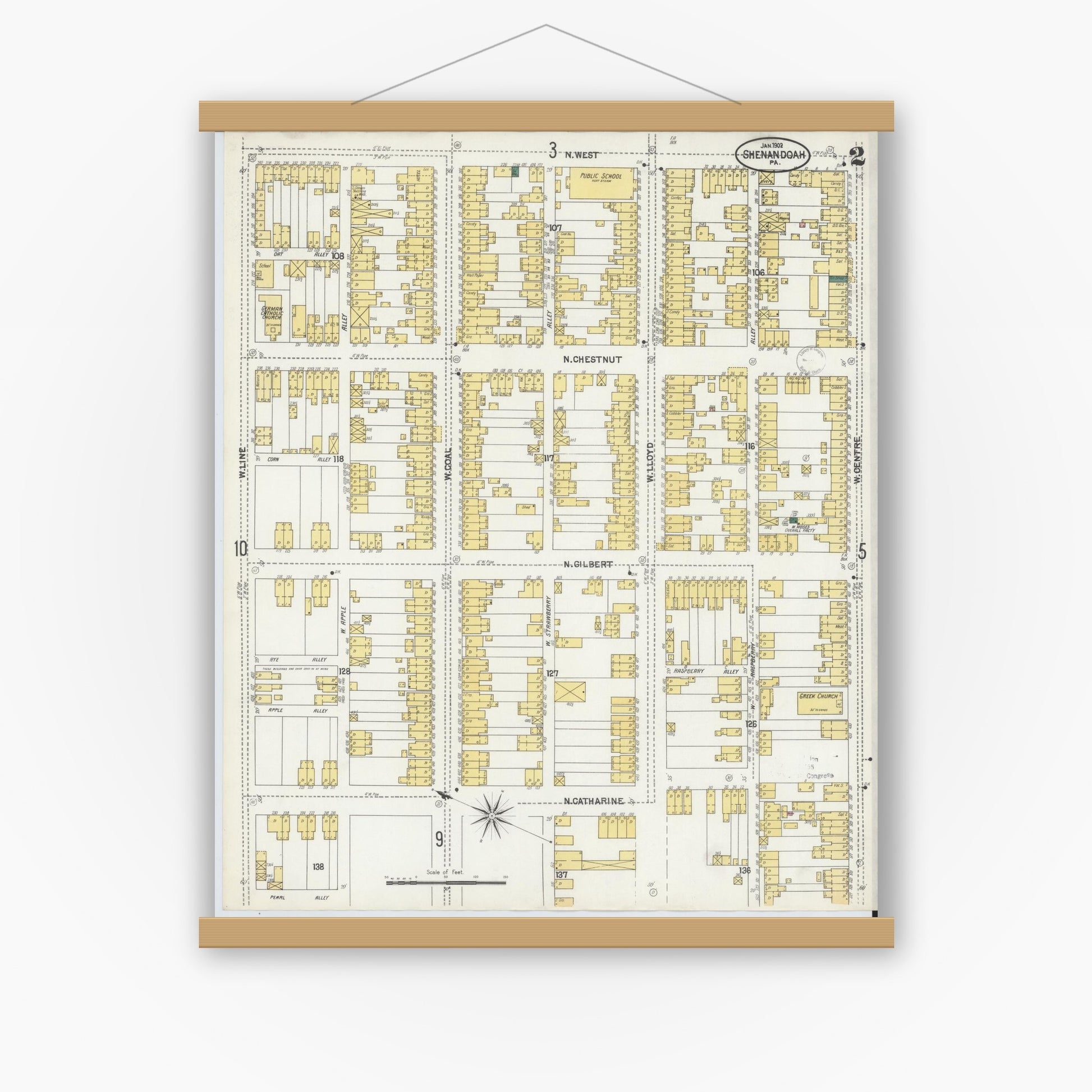 Old map wall art mockup — magnetic wood frame on white wall — Sanborn Fire Insurance Map from Shenandoah, Schuylkill County, Pennsylvania (1902), Sheet #0002