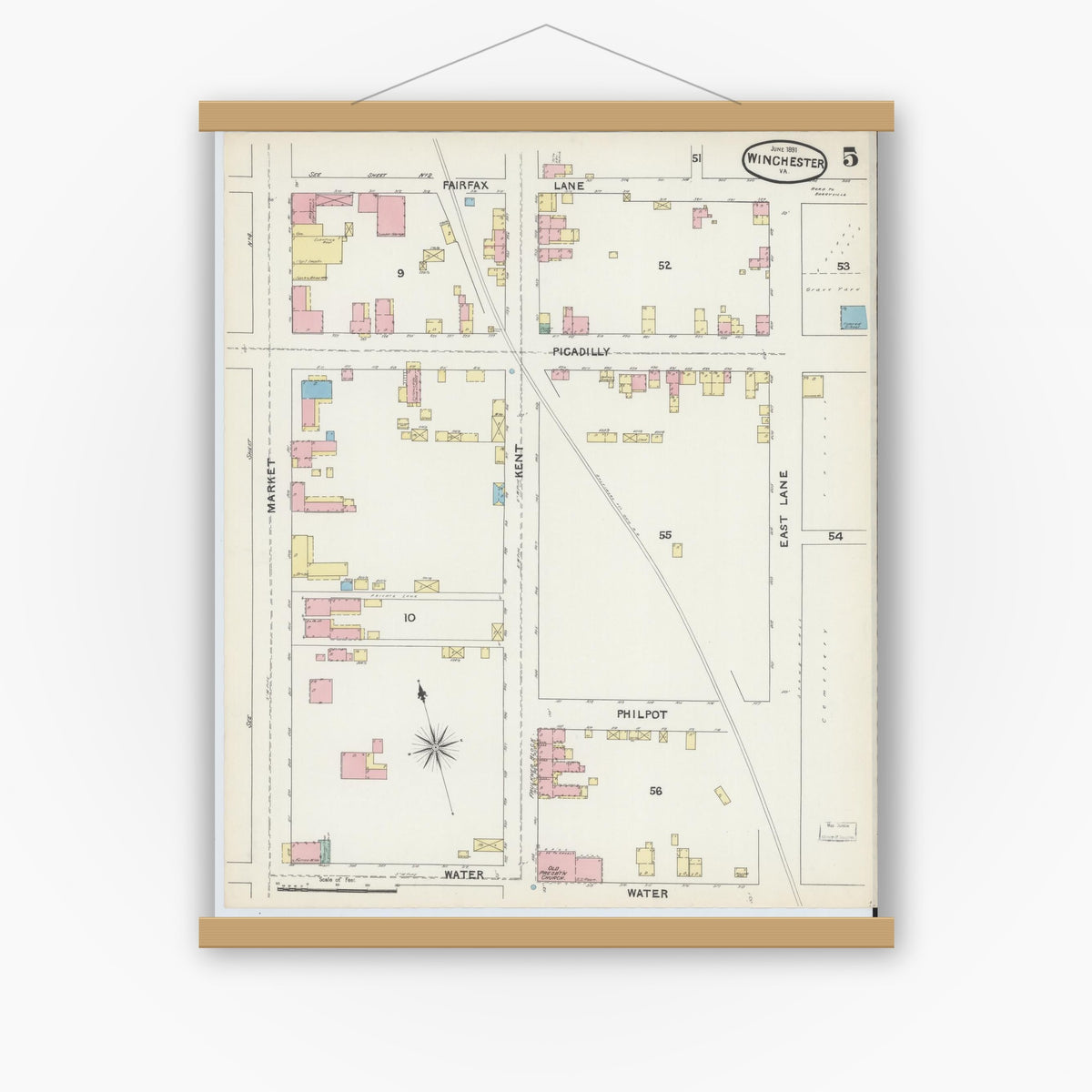Old map wall art mockup — magnetic wood frame on white wall — Sanborn Fire Insurance Map from Winchester, Independent Cities, Virginia (1891), Sheet #0005