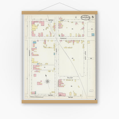 Old map wall art mockup — magnetic wood frame on white wall — Sanborn Fire Insurance Map from Winchester, Independent Cities, Virginia (1891), Sheet #0005