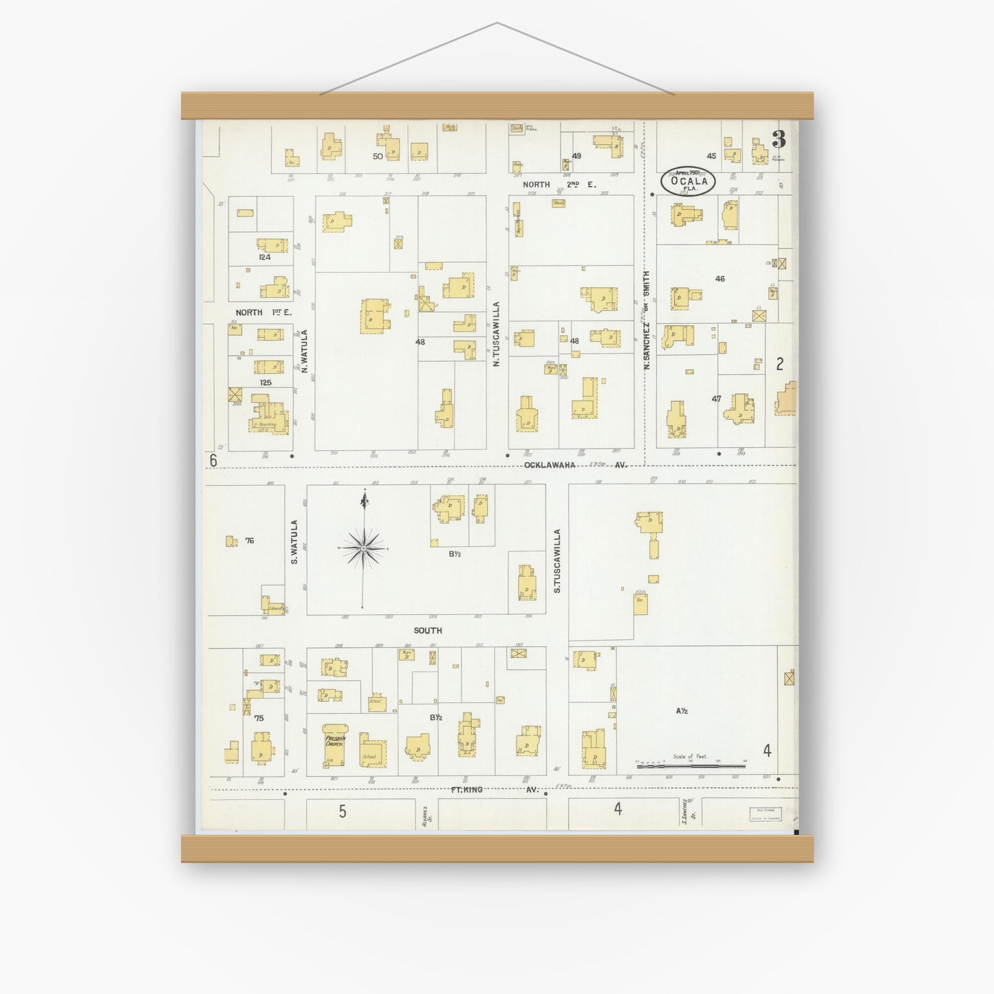 Old map wall art mockup — magnetic wood frame on white wall — Sanborn Fire Insurance Map from Ocala, Marion County, Florida (1901), Sheet #0003