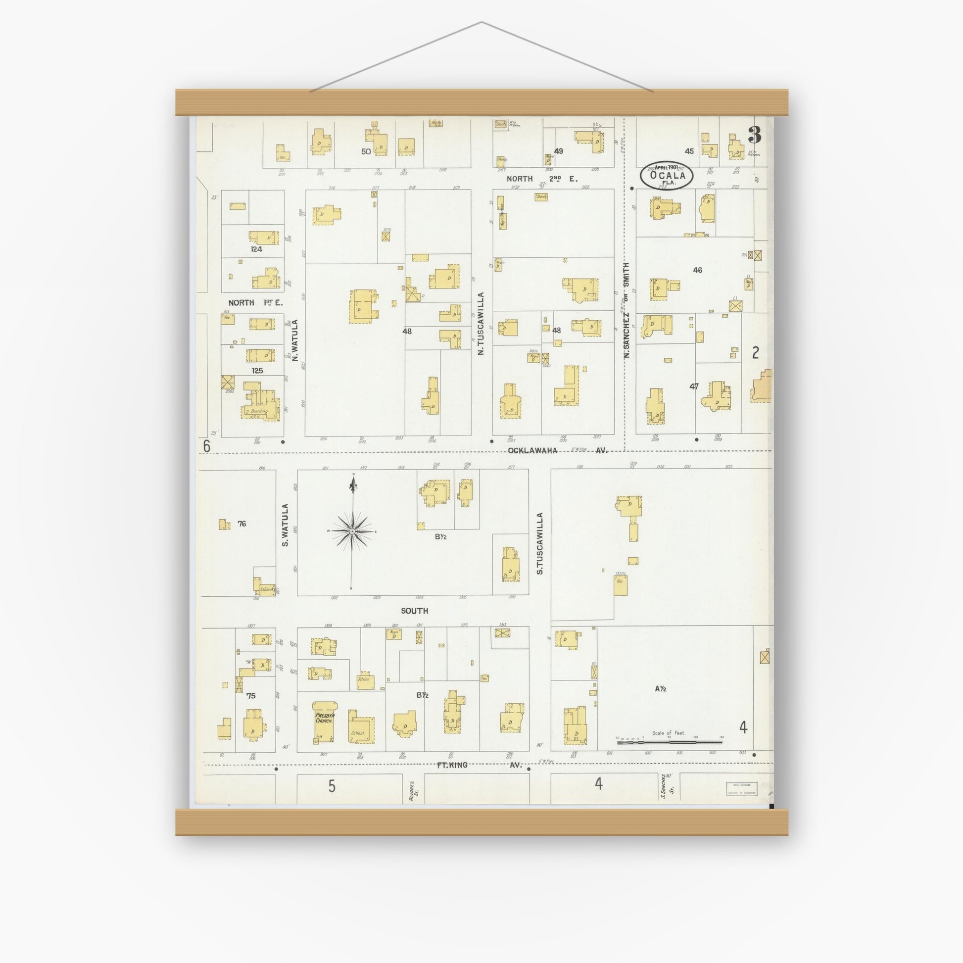Old map wall art mockup — magnetic wood frame on white wall — Sanborn Fire Insurance Map from Ocala, Marion County, Florida (1901), Sheet #0003