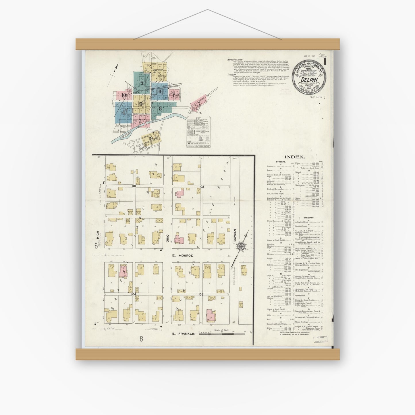 Old map wall art mockup — magnetic wood frame on white wall — Sanborn Fire Insurance Map from Delphi, Carroll County, Indiana (1912), Sheet #0001