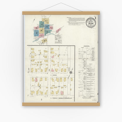 Old map wall art mockup — magnetic wood frame on white wall — Sanborn Fire Insurance Map from Delphi, Carroll County, Indiana (1912), Sheet #0001