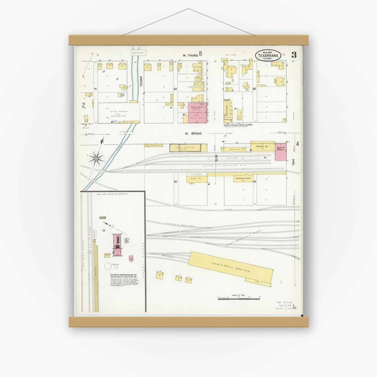 Old map wall art mockup — magnetic wood frame on white wall — Sanborn Fire Insurance Map from Texarkana, Bowie County, Texas (1909), Sheet #0003