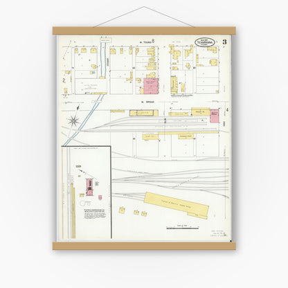 Old map wall art mockup — magnetic wood frame on white wall — Sanborn Fire Insurance Map from Texarkana, Bowie County, Texas (1909), Sheet #0003