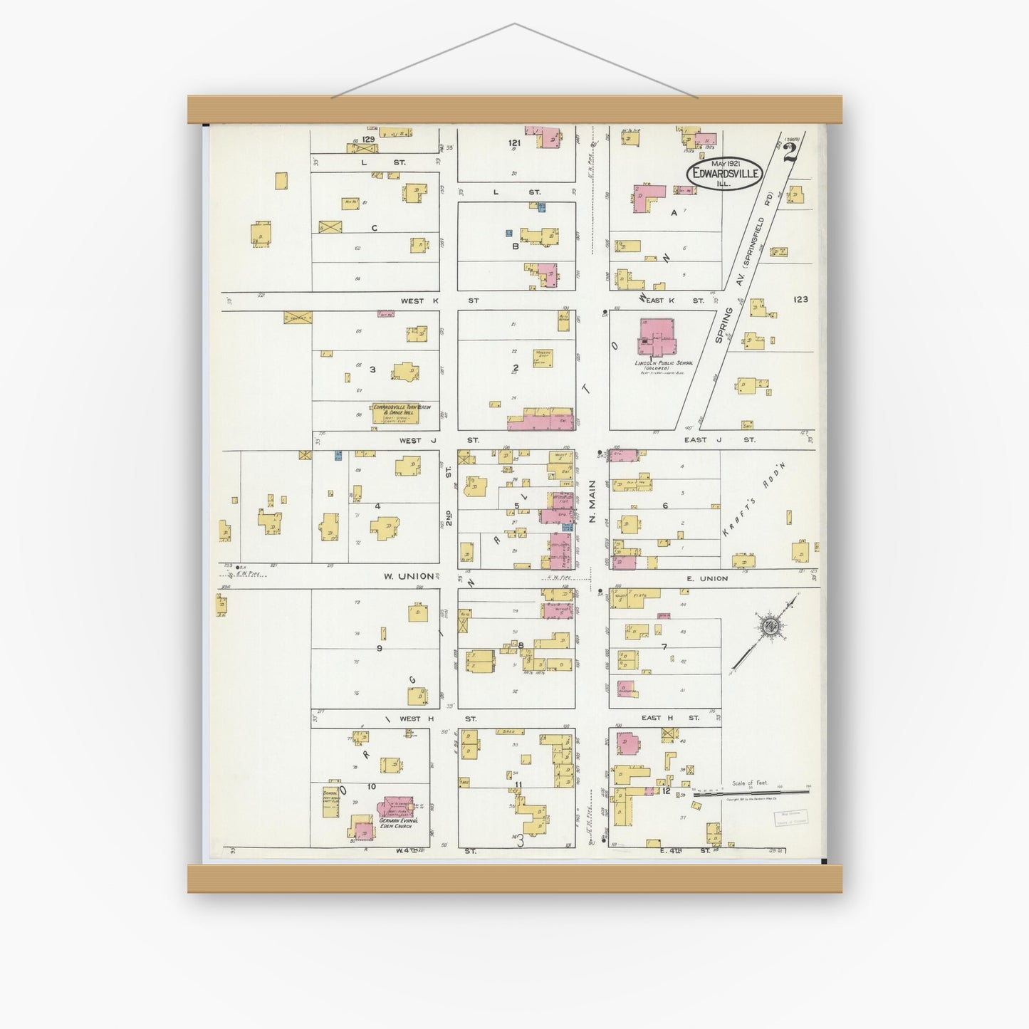 Old map wall art mockup — magnetic wood frame on white wall — Sanborn Fire Insurance Map from Edwardsville, Madison County, Illinois (1921), Sheet #0002