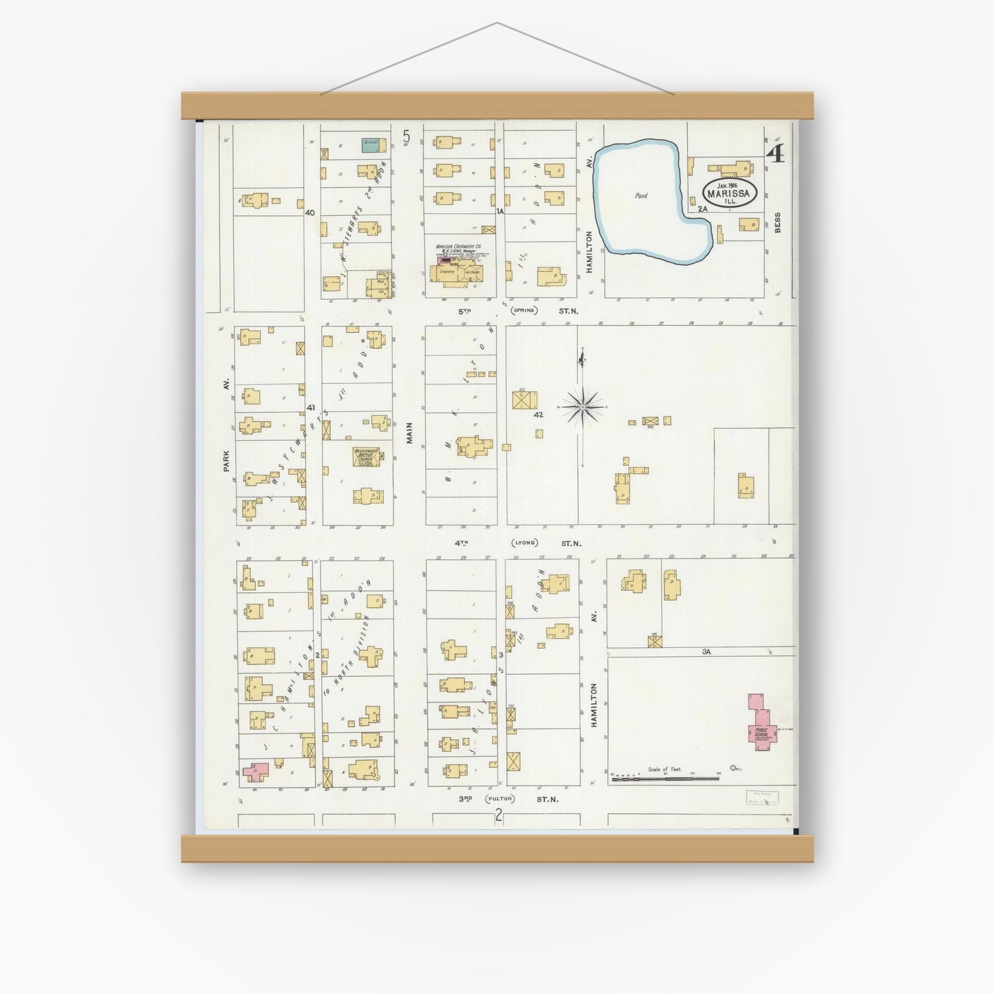 Old map wall art mockup — magnetic wood frame on white wall — Sanborn Fire Insurance Map from Marissa, Saint Clair County, Illinois (1906), Sheet #0004