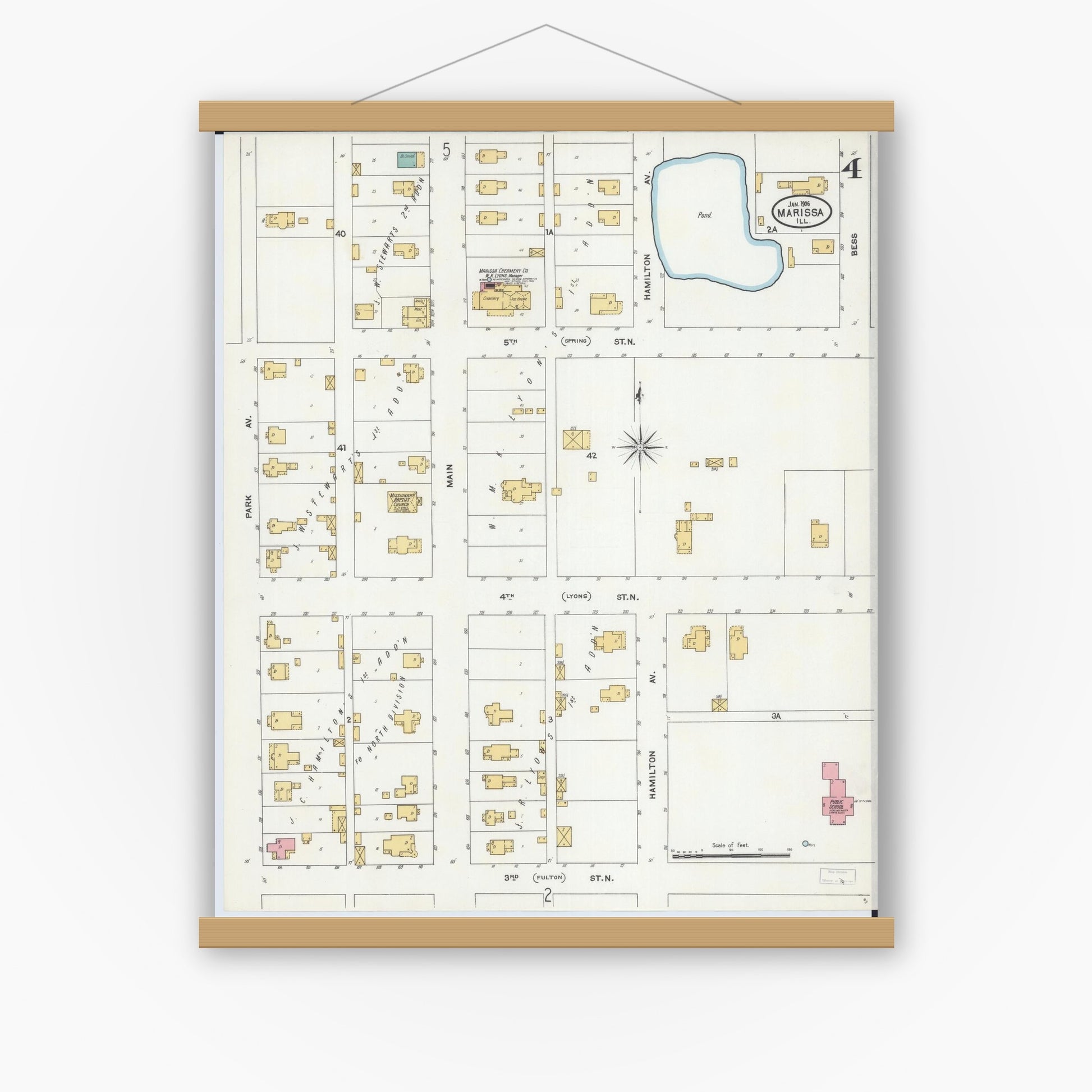 Old map wall art mockup — magnetic wood frame on white wall — Sanborn Fire Insurance Map from Marissa, Saint Clair County, Illinois (1906), Sheet #0004