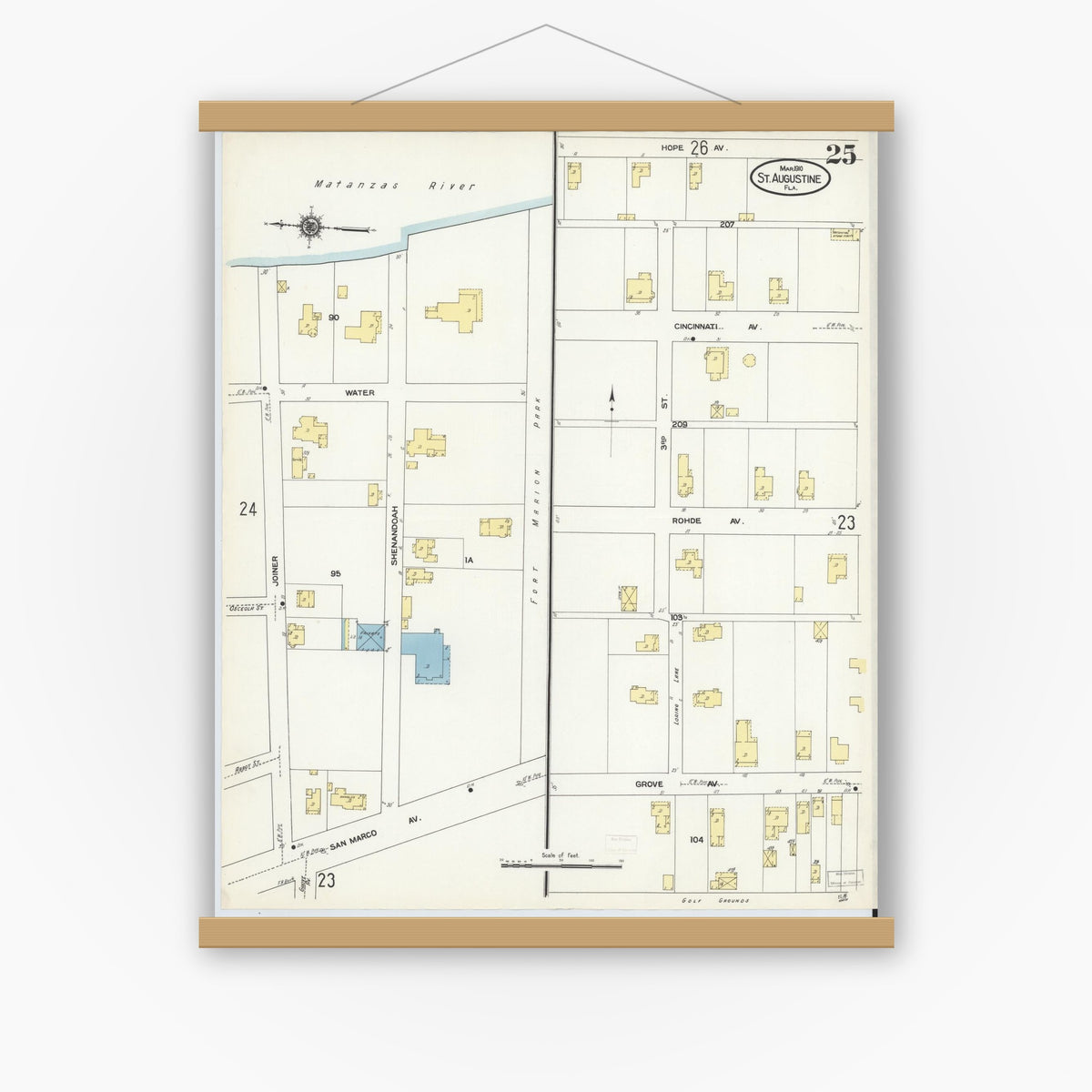 Old map wall art mockup — magnetic wood frame on white wall — Sanborn Fire Insurance Map from Saint Augustine, Saint John's County, Florida (1910), Sheet #0025