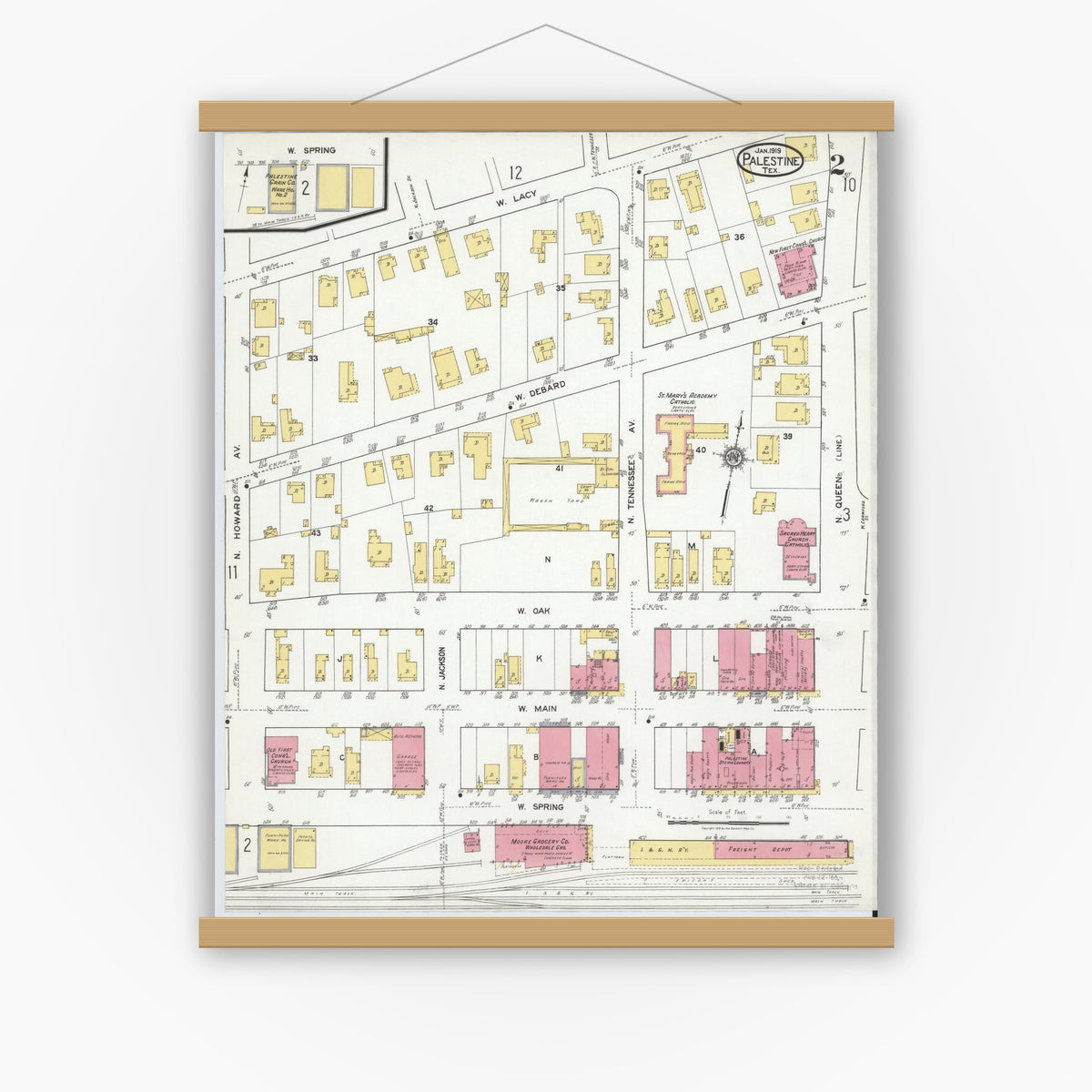 Old map wall art mockup — magnetic wood frame on white wall — Sanborn Fire Insurance Map from Palestine, Anderson County, Texas (1919), Sheet #0002
