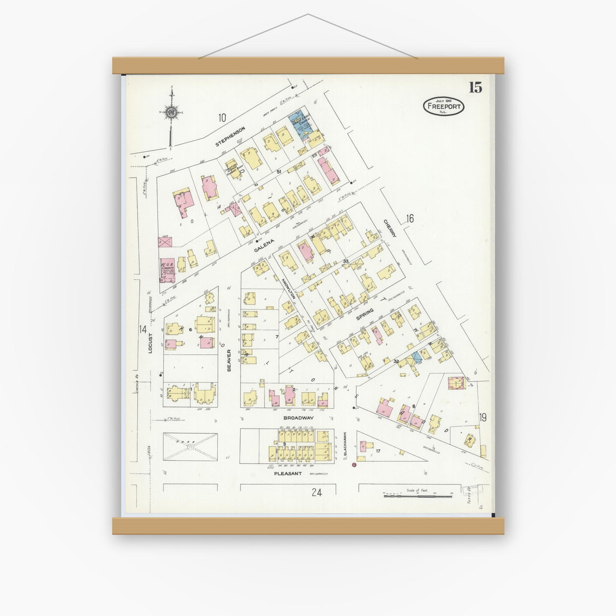 Old map wall art mockup — magnetic wood frame on white wall — Sanborn Fire Insurance Map from Freeport, Stephenson County, Illinois (1910), Sheet #0015