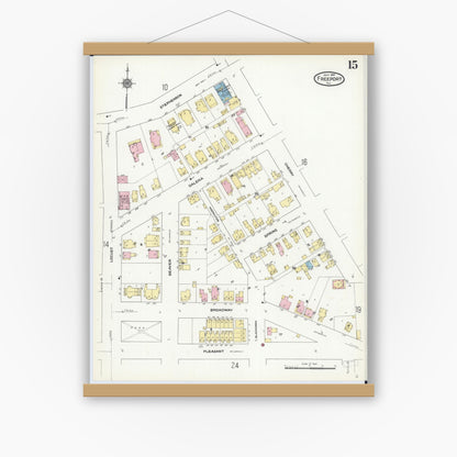 Old map wall art mockup — magnetic wood frame on white wall — Sanborn Fire Insurance Map from Freeport, Stephenson County, Illinois (1910), Sheet #0015