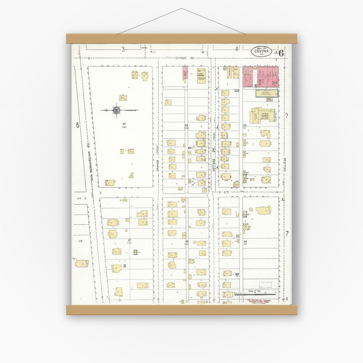 Old map wall art mockup — magnetic wood frame on white wall — Sanborn Fire Insurance Map from Covina, Los Angeles County, California (1911), Sheet #0006