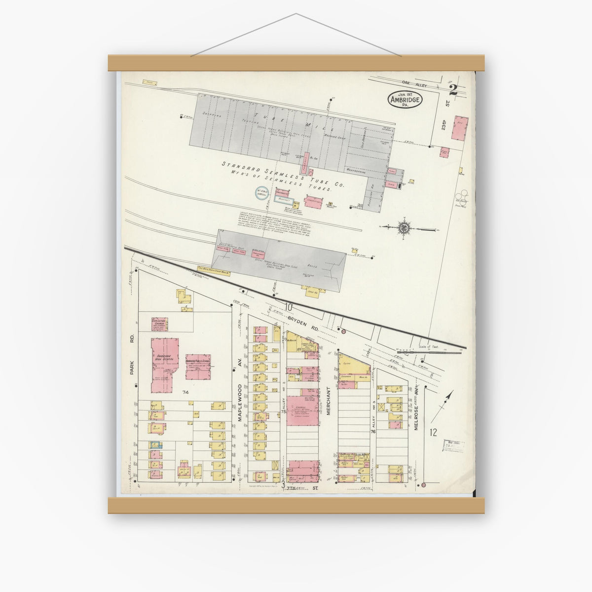 Old map wall art mockup — magnetic wood frame on white wall — Sanborn Fire Insurance Map from Ambridge, Beaver County, Pennsylvania (1917), Sheet #0002