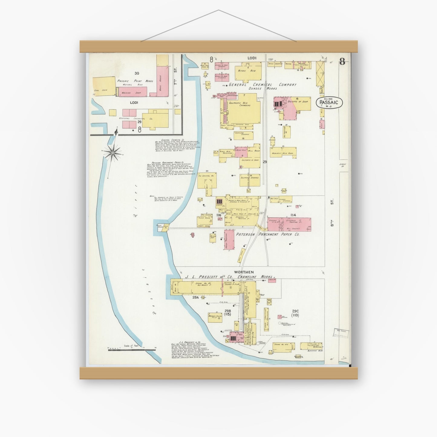 Old map wall art mockup — magnetic wood frame on white wall — Sanborn Fire Insurance Map from Passaic, Passaic County, New Jersey (1903), Sheet #0008