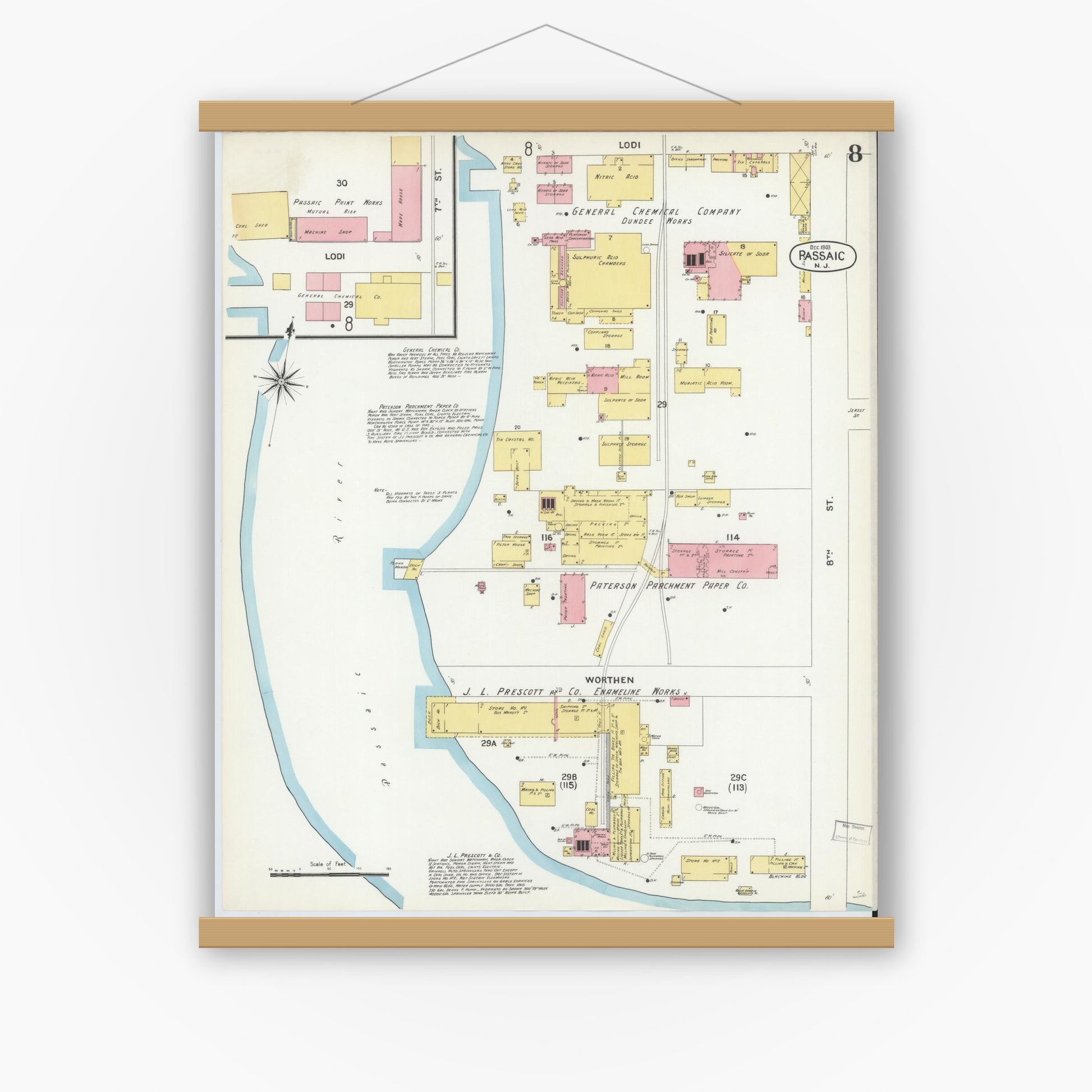 Old map wall art mockup — magnetic wood frame on white wall — Sanborn Fire Insurance Map from Passaic, Passaic County, New Jersey (1903), Sheet #0008