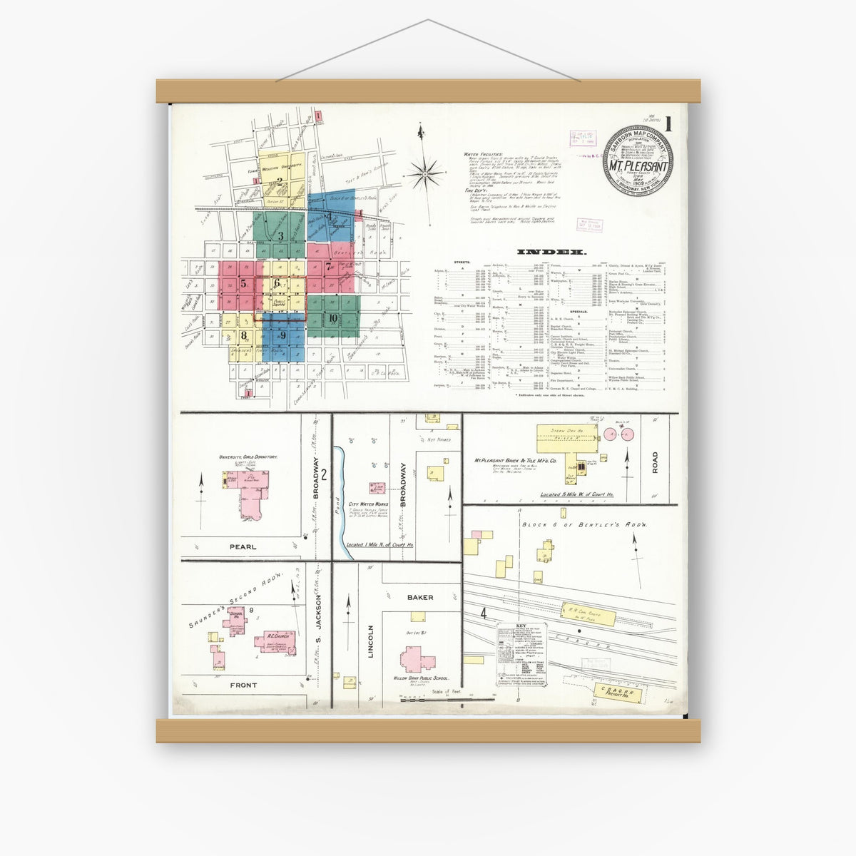 Old map wall art mockup — magnetic wood frame on white wall — Sanborn Fire Insurance Map from Mount Pleasant, Henry County, Iowa (1909) â€” Complete Set