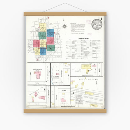 Old map wall art mockup — magnetic wood frame on white wall — Sanborn Fire Insurance Map from Mount Pleasant, Henry County, Iowa (1909) â€” Complete Set