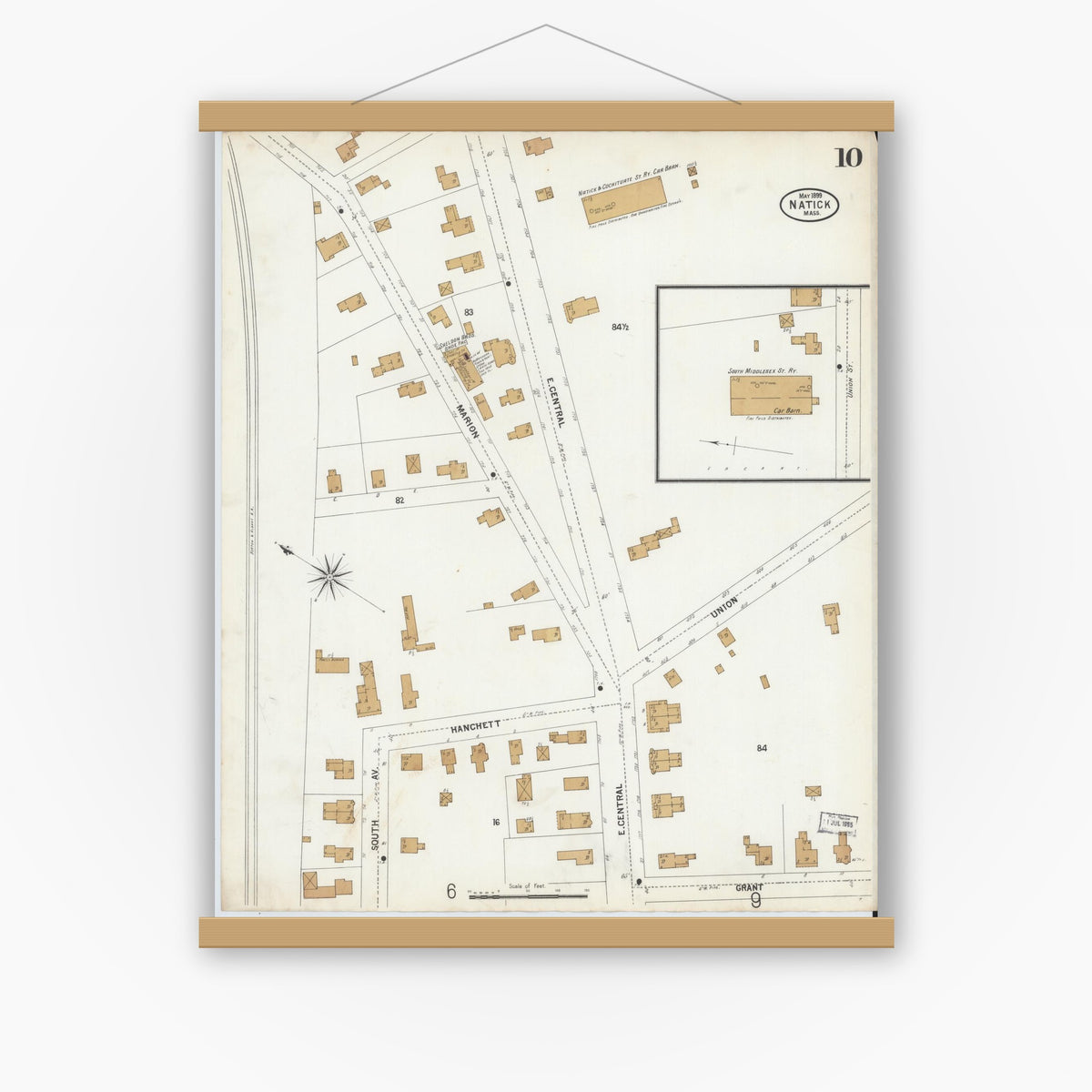 Old map wall art mockup — magnetic wood frame on white wall — Sanborn Fire Insurance Map from Natick, Middlesex County, Massachusetts (1899), Sheet #0010