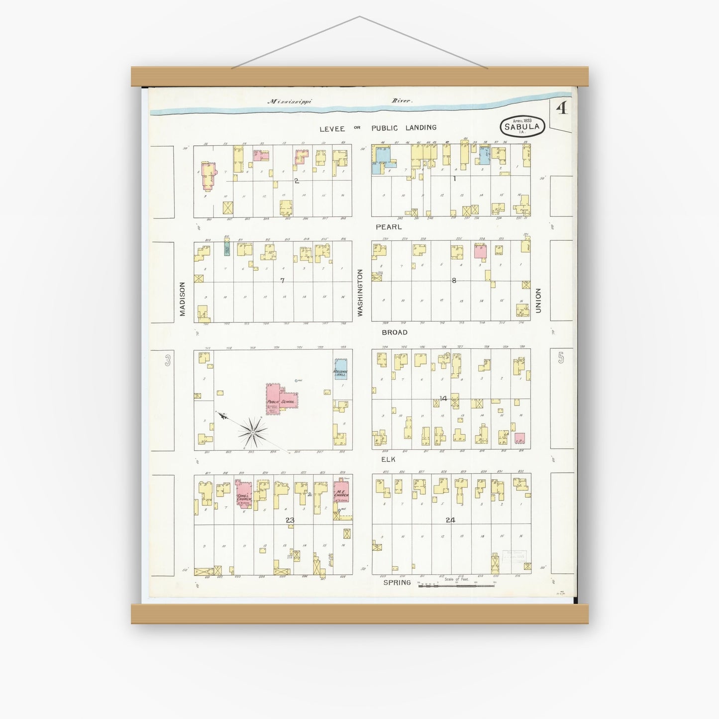 Old map wall art mockup — magnetic wood frame on white wall — Sanborn Fire Insurance Map from Sabula, Jackson County, Iowa (1893), Sheet #0004