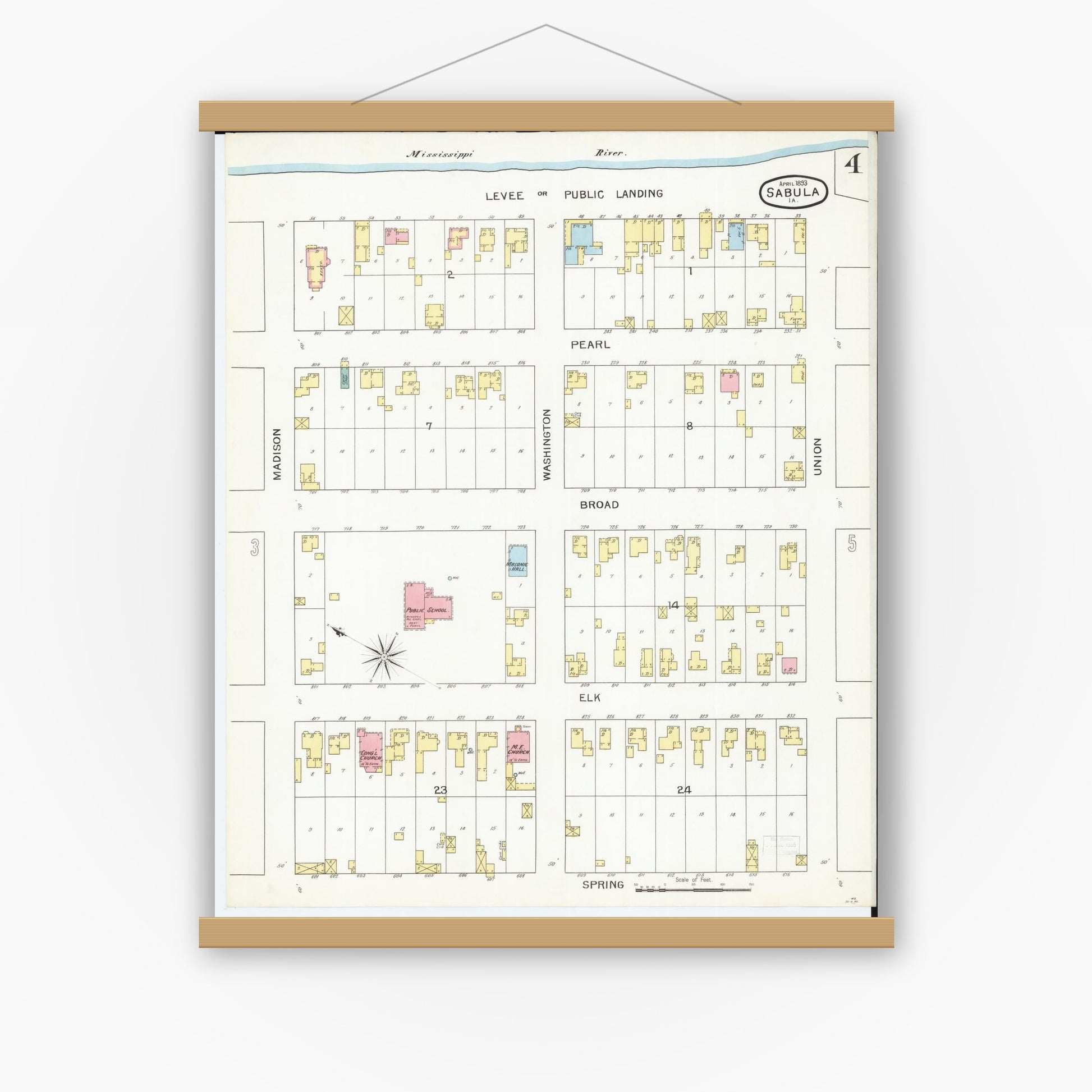 Old map wall art mockup — magnetic wood frame on white wall — Sanborn Fire Insurance Map from Sabula, Jackson County, Iowa (1893), Sheet #0004