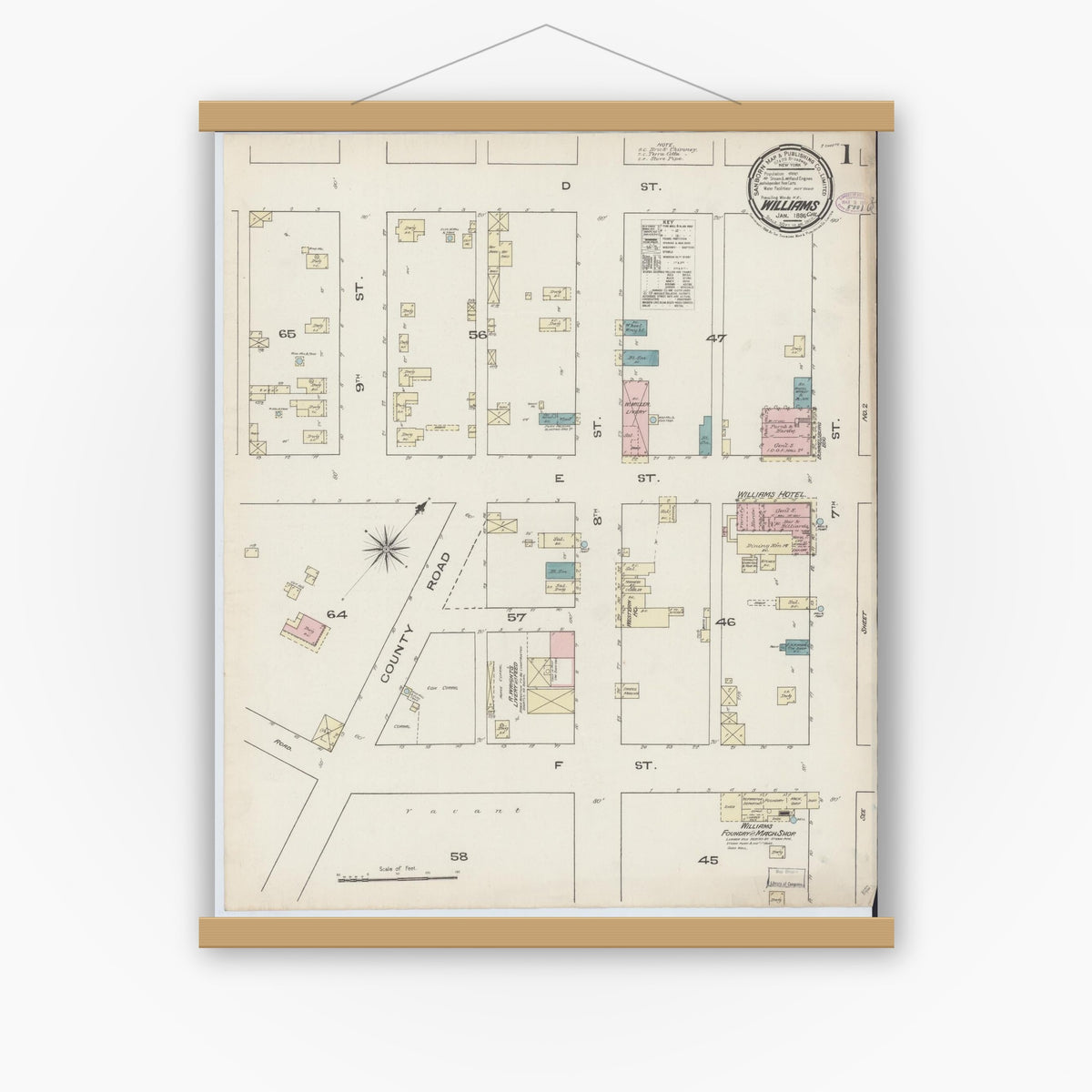 Old map wall art mockup — magnetic wood frame on white wall — Sanborn Fire Insurance Map from Williams, Colusa County, California (1886) - Complete Map Set