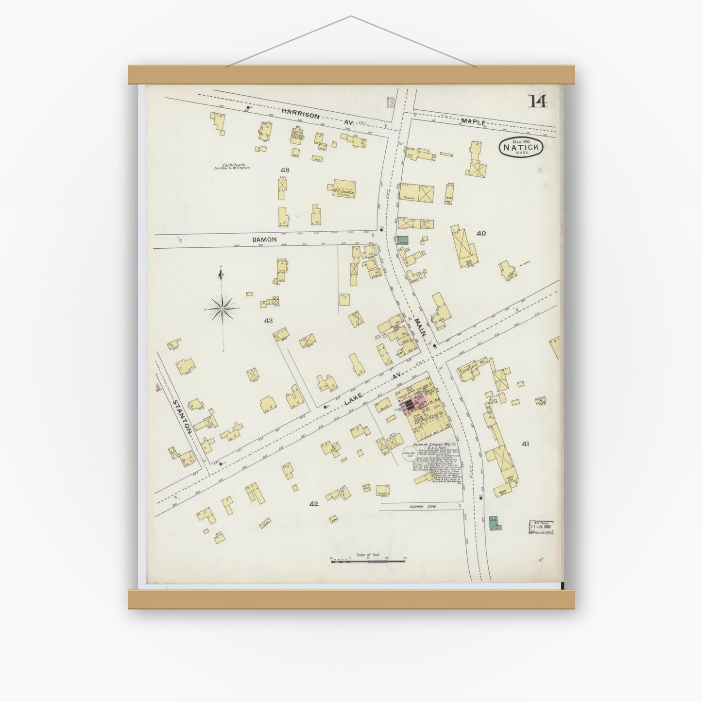 Old map wall art mockup — magnetic wood frame on white wall — Sanborn Fire Insurance Map from Natick, Middlesex County, Massachusetts (1894), Sheet #0014