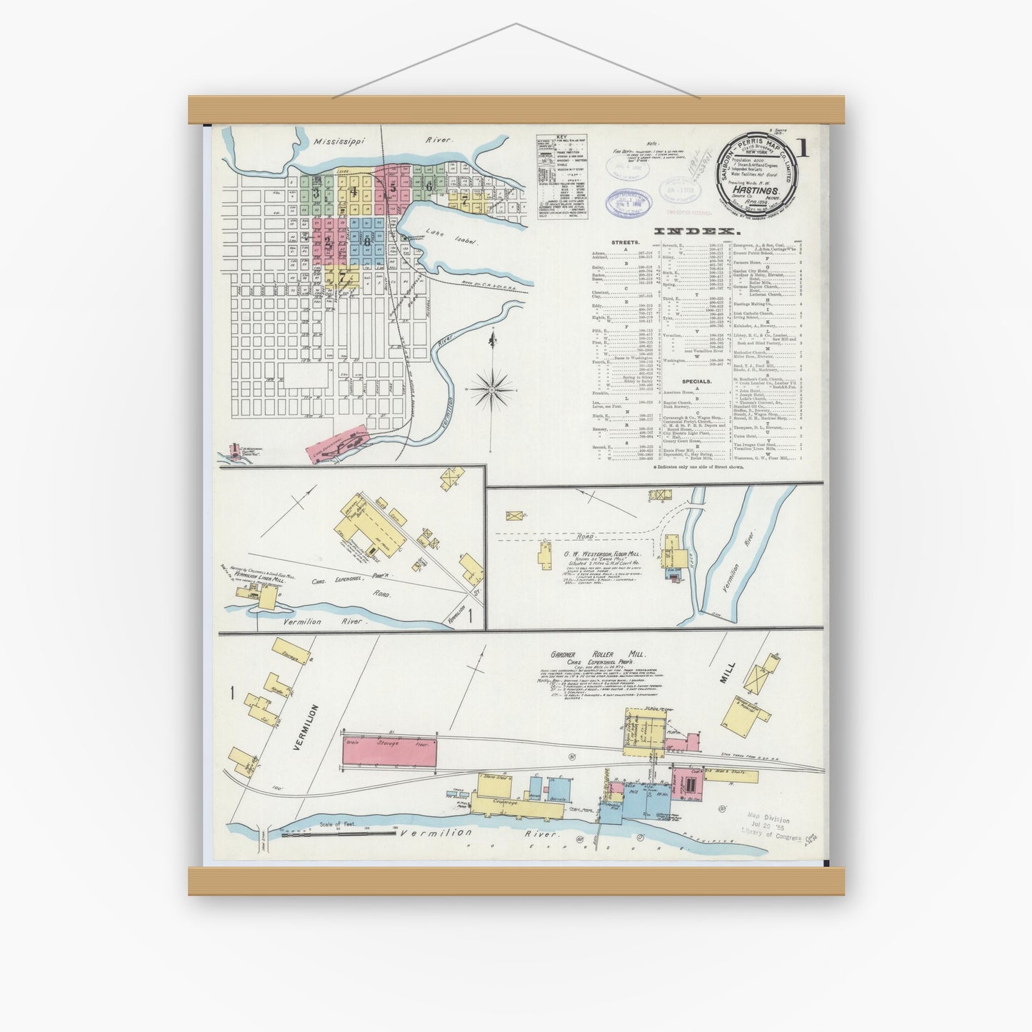 Old map wall art mockup — magnetic wood frame on white wall — Sanborn Fire Insurance Map from Hastings, Dakota County, Minnesota (1898), Sheet #0001