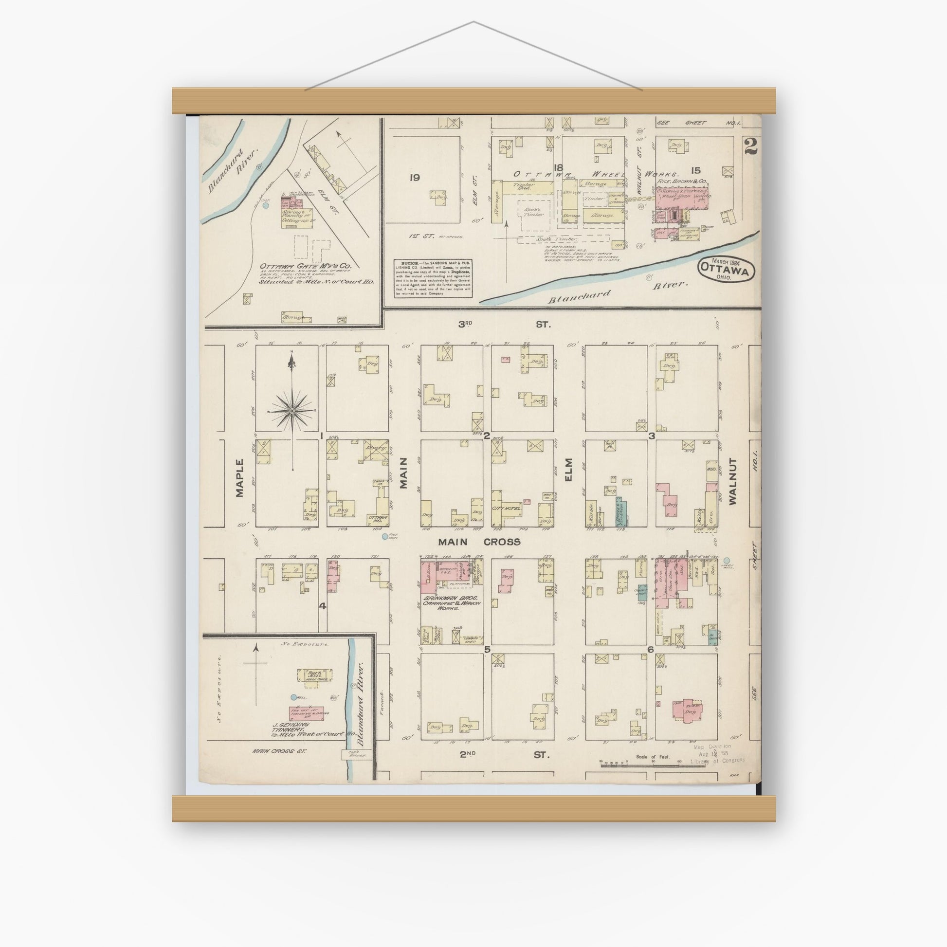 Old map wall art mockup — magnetic wood frame on white wall — Sanborn Fire Insurance Map from Ottawa, Putnam County, Ohio (1884), Sheet #0002