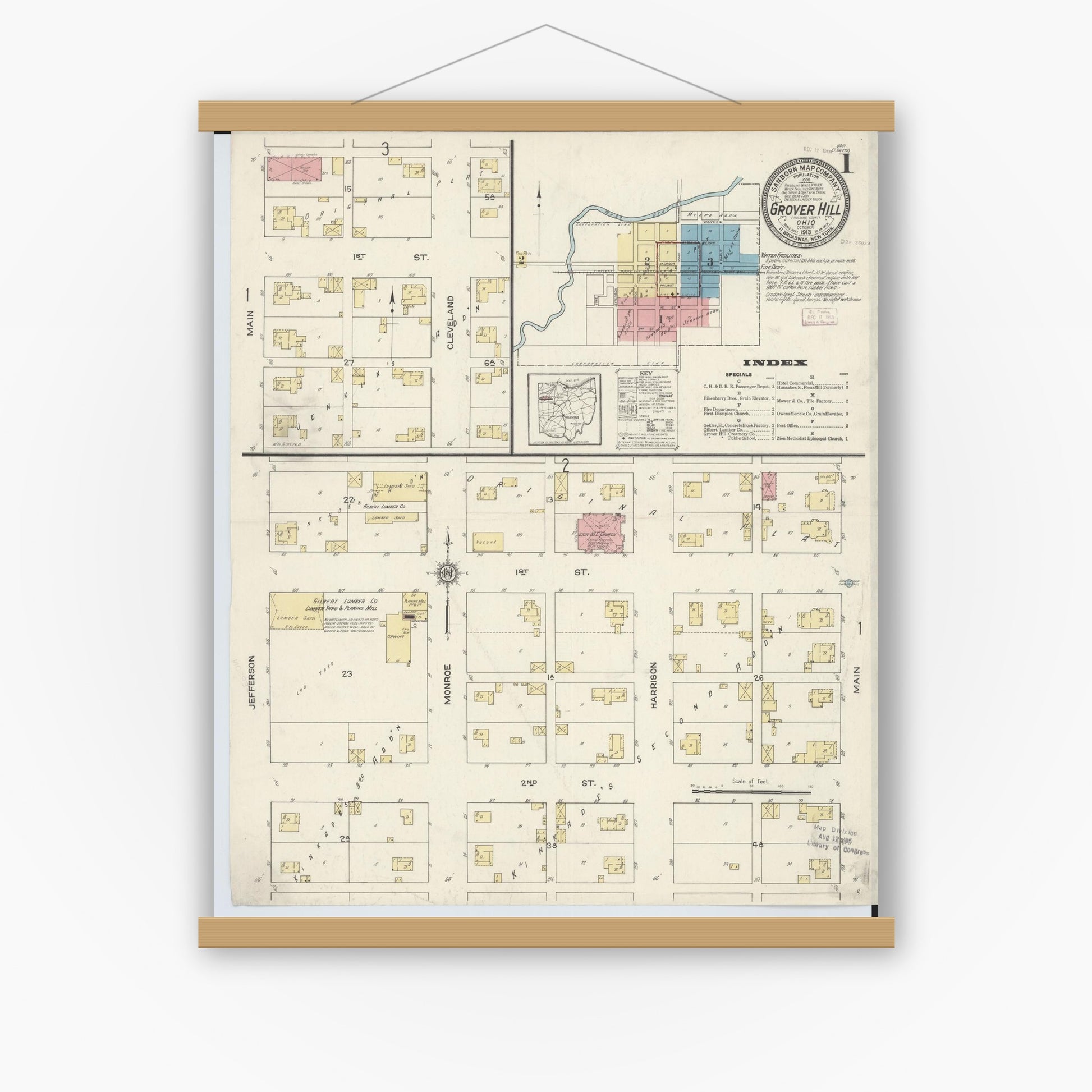 Old map wall art mockup — magnetic wood frame on white wall — Sanborn Fire Insurance Map from Grover Hill, Paulding County, Ohio (1913) - Complete Map Set