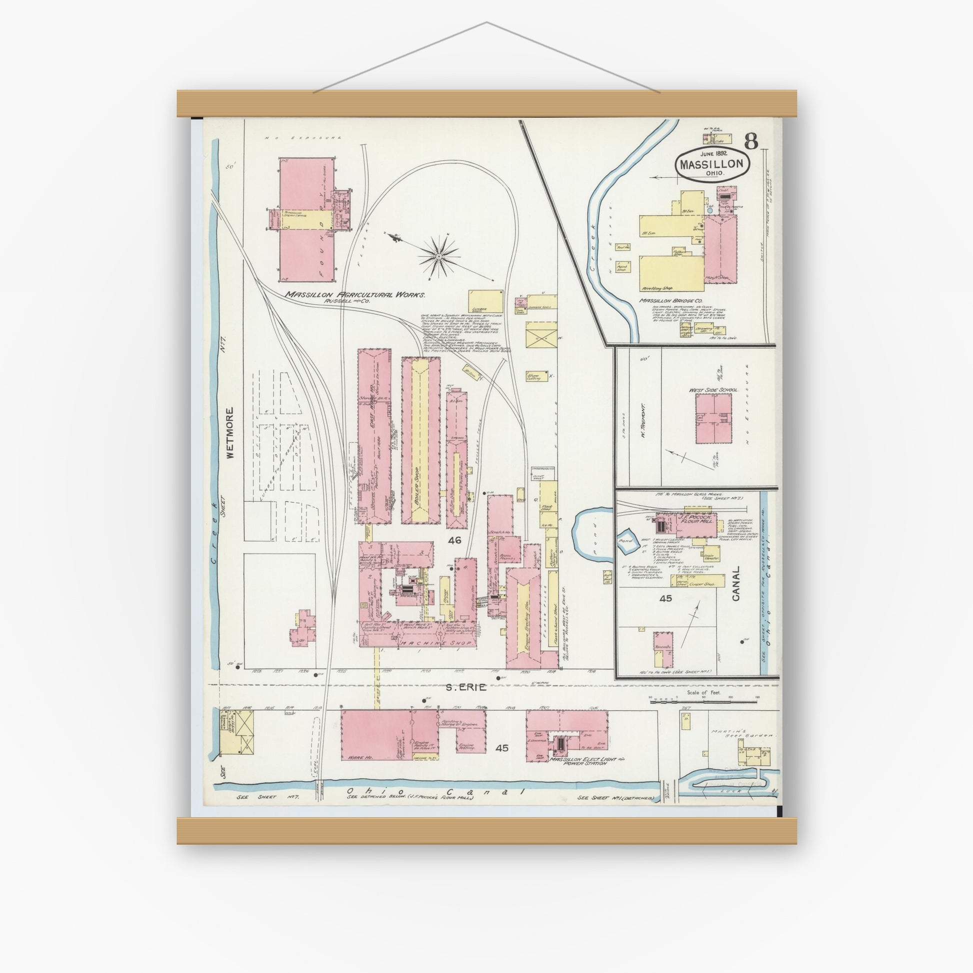 Old map wall art mockup — magnetic wood frame on white wall — Sanborn Fire Insurance Map from Massillon, Stark County, Ohio (1892), Sheet #0008