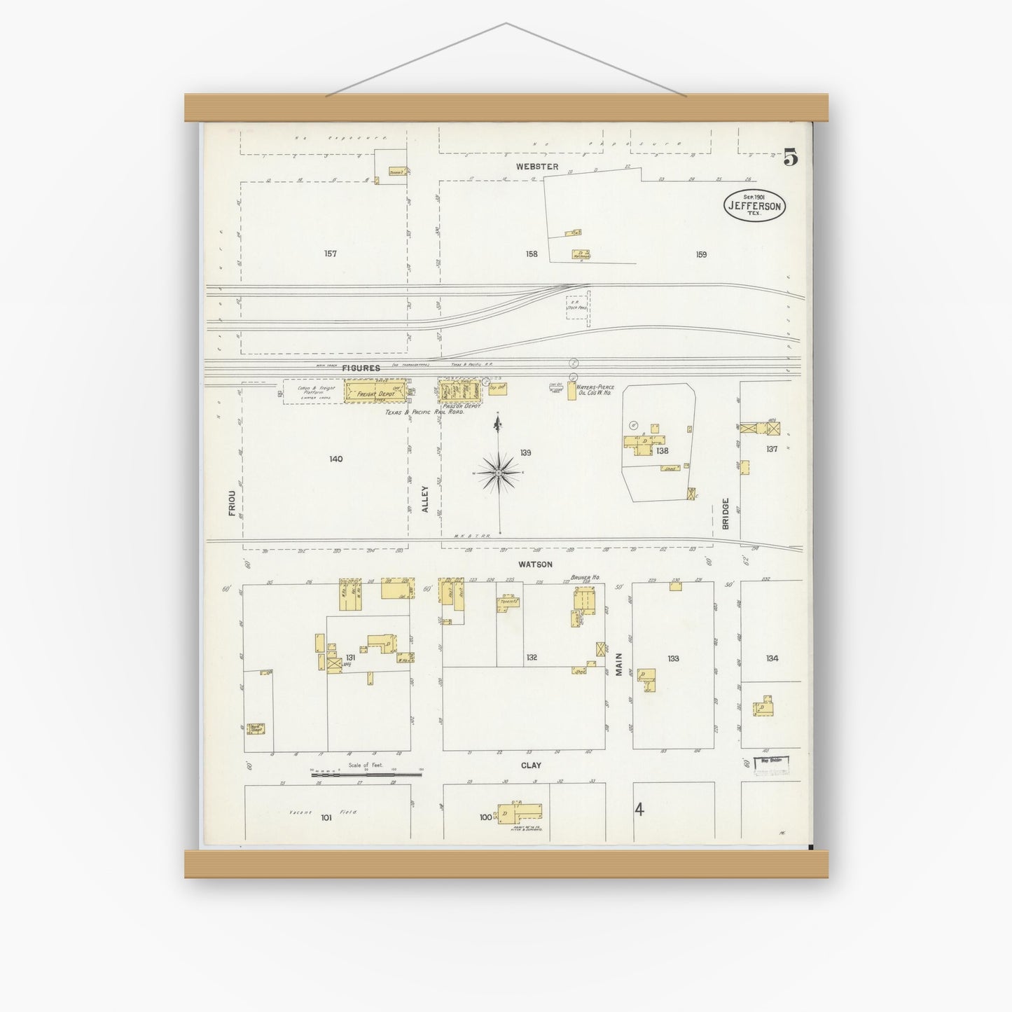 Old map wall art mockup — magnetic wood frame on white wall — Sanborn Fire Insurance Map from Jefferson, Marion County, Texas (1901), Sheet #0005