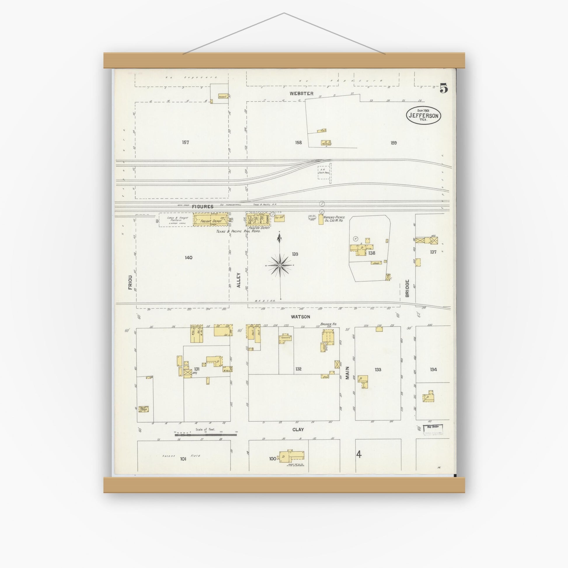 Old map wall art mockup — magnetic wood frame on white wall — Sanborn Fire Insurance Map from Jefferson, Marion County, Texas (1901), Sheet #0005