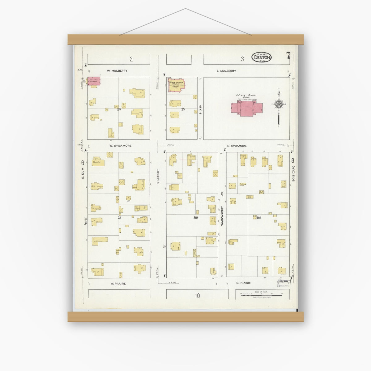 Old map wall art mockup — magnetic wood frame on white wall — Sanborn Fire Insurance Map from Denton, Denton County, Texas (1917), Sheet #0007