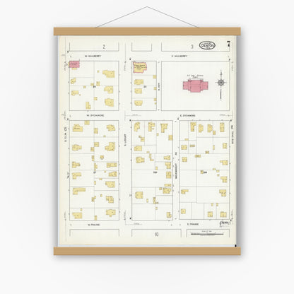 Old map wall art mockup — magnetic wood frame on white wall — Sanborn Fire Insurance Map from Denton, Denton County, Texas (1917), Sheet #0007