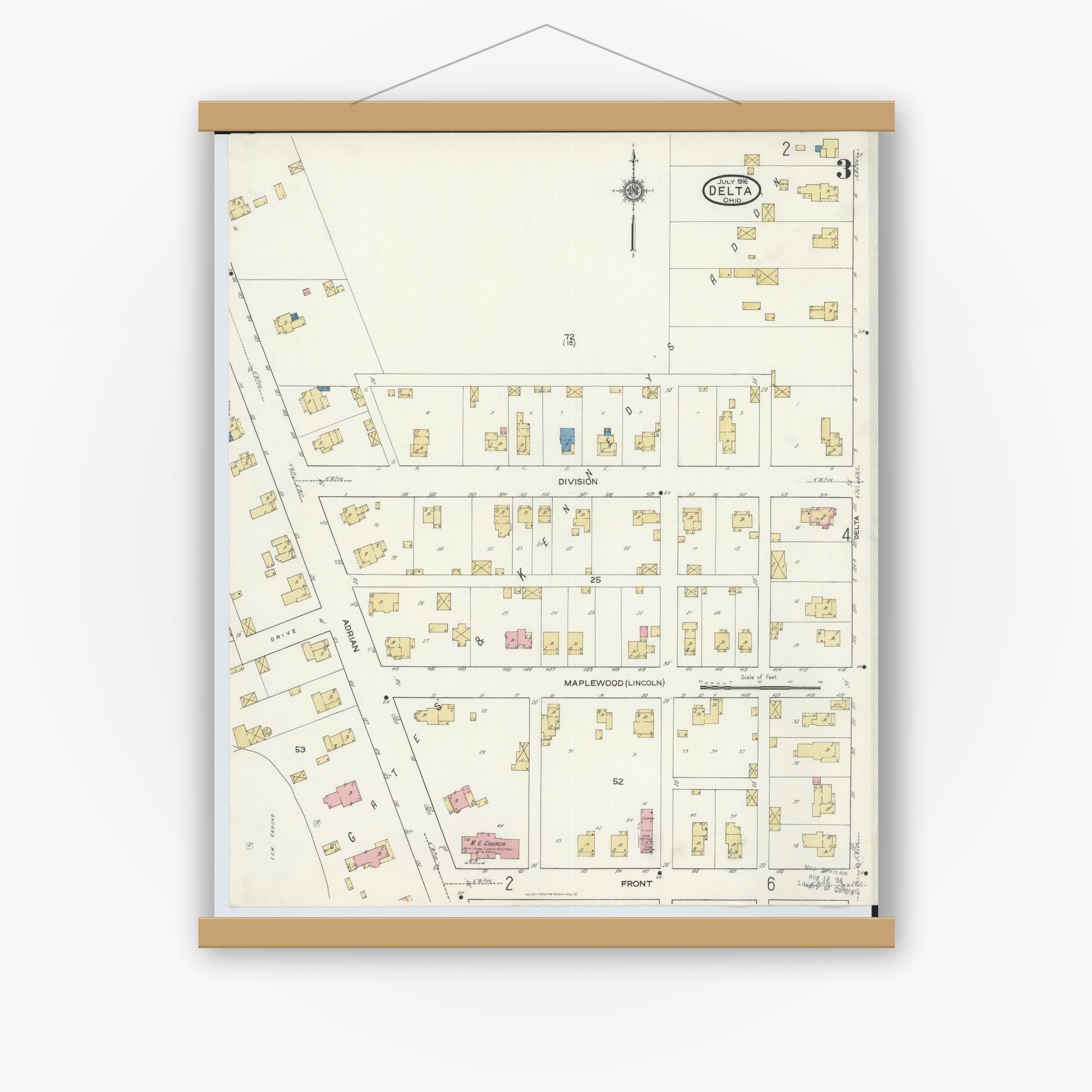 Old map wall art mockup — magnetic wood frame on white wall — Sanborn Fire Insurance Map from Delta, Fulton County, Ohio (1916), Sheet #0003