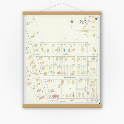 Old map wall art mockup — magnetic wood frame on white wall — Sanborn Fire Insurance Map from Delta, Fulton County, Ohio (1916), Sheet #0003