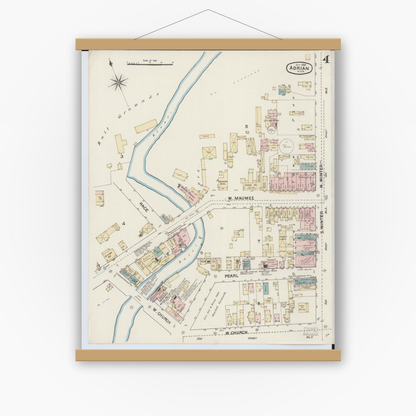 Old map wall art mockup — magnetic wood frame on white wall — Sanborn Fire Insurance Map from Adrian, Lenawee County, Michigan (1888), Sheet #0004