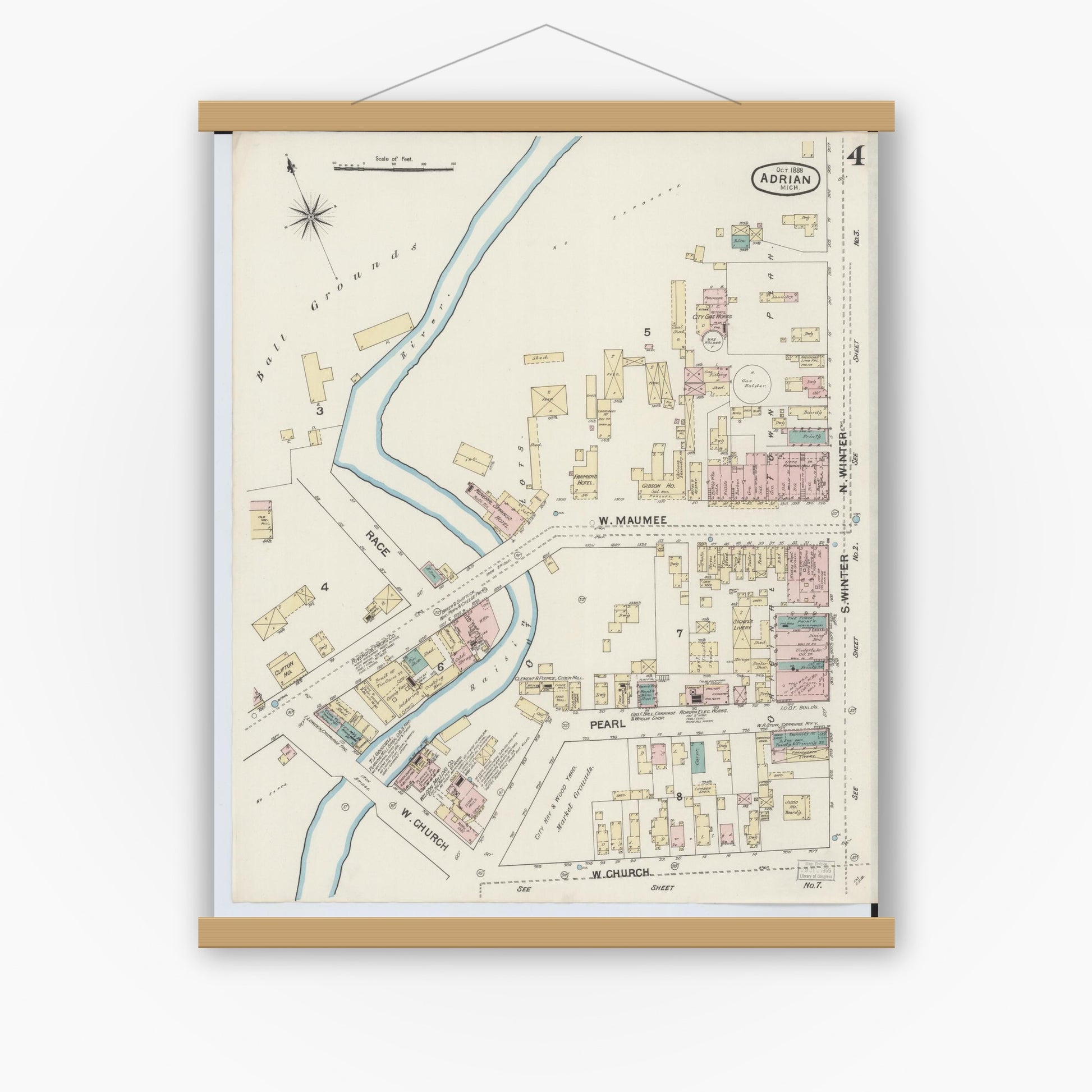 Old map wall art mockup — magnetic wood frame on white wall — Sanborn Fire Insurance Map from Adrian, Lenawee County, Michigan (1888), Sheet #0004