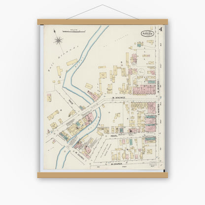 Old map wall art mockup — magnetic wood frame on white wall — Sanborn Fire Insurance Map from Adrian, Lenawee County, Michigan (1888), Sheet #0004