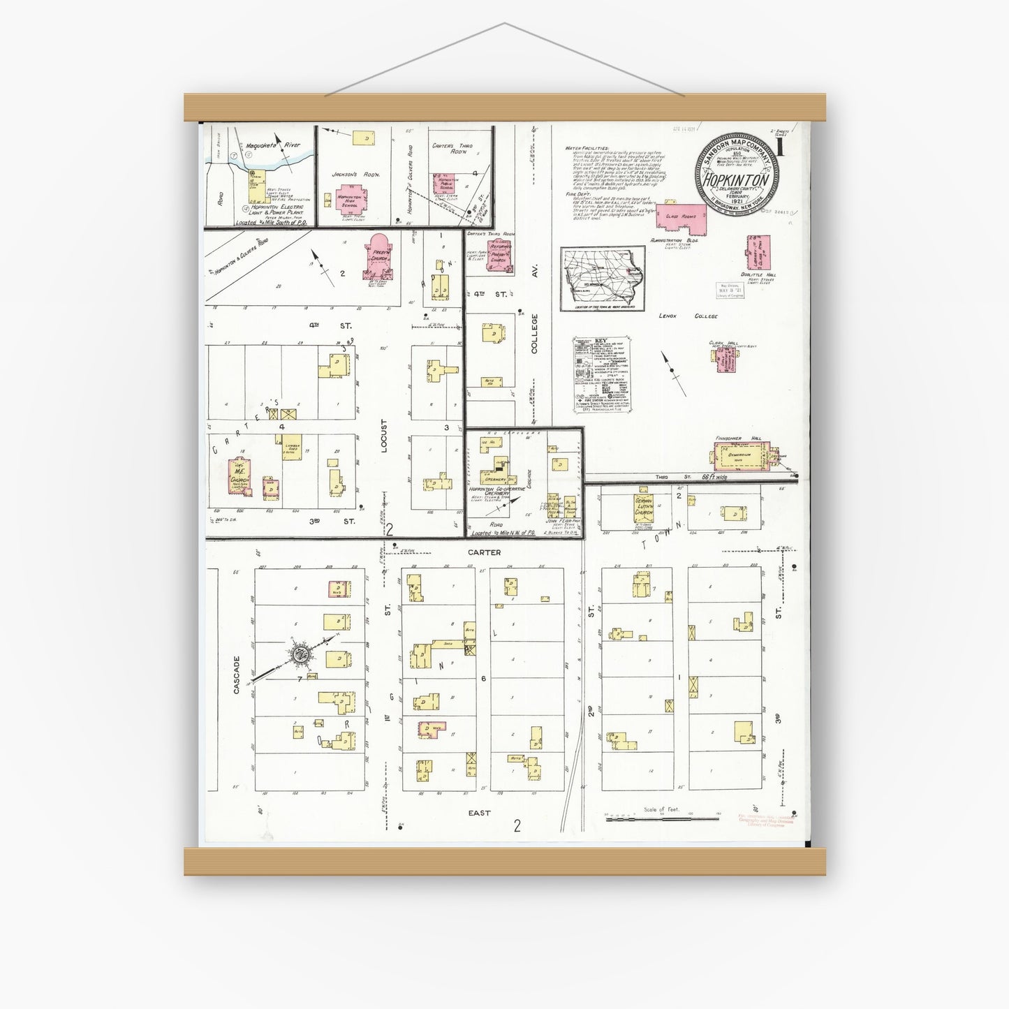 Old map wall art mockup — magnetic wood frame on white wall — Sanborn Fire Insurance Map from Hopkinton, Delaware County, Iowa (1921) â€” Complete Set