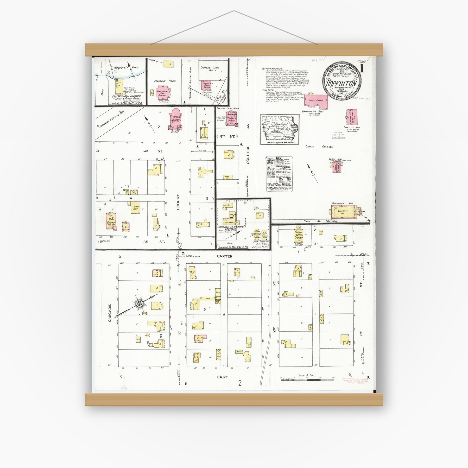 Old map wall art mockup — magnetic wood frame on white wall — Sanborn Fire Insurance Map from Hopkinton, Delaware County, Iowa (1921) â€” Complete Set