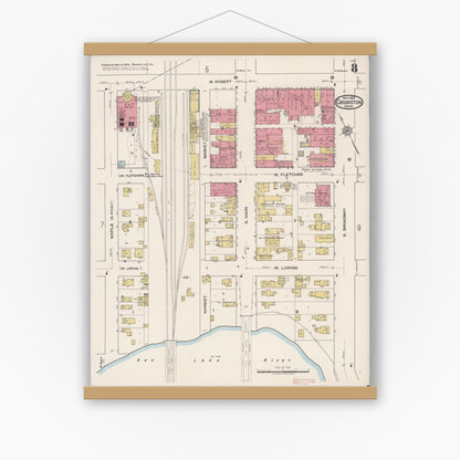 Old map wall art mockup — magnetic wood frame on white wall — Sanborn Fire Insurance Map from Crookston, Polk County, Minnesota (1922), Sheet #0008