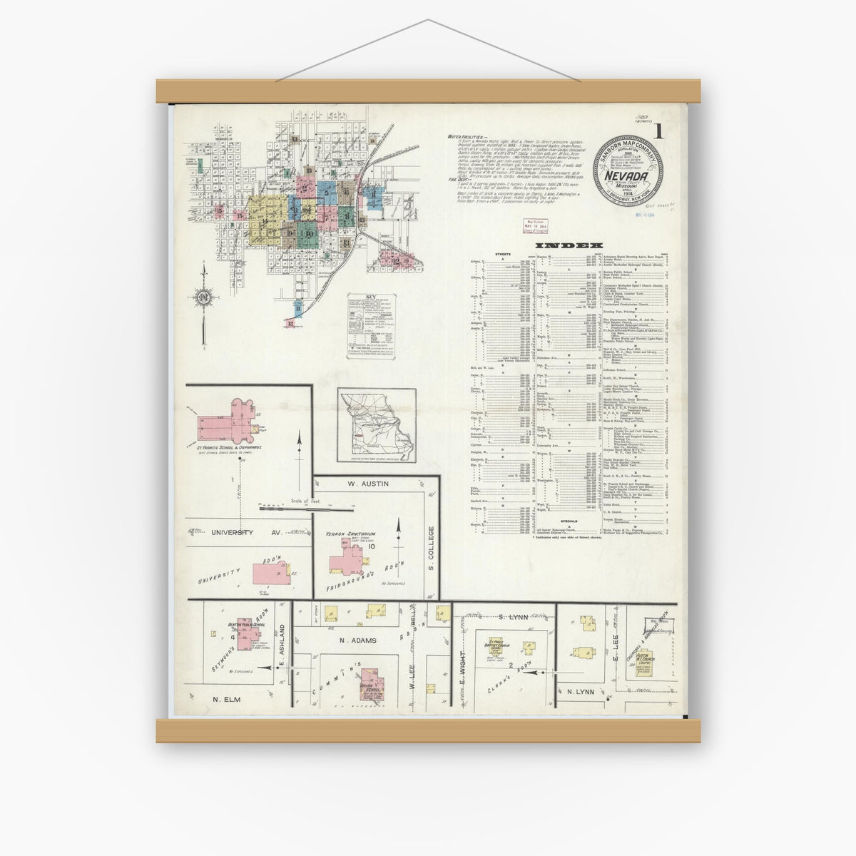 Old map wall art mockup — magnetic wood frame on white wall — Sanborn Fire Insurance Map from Nevada, Vernon County, Missouri (1914) - Complete Map Set