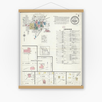 Old map wall art mockup — magnetic wood frame on white wall — Sanborn Fire Insurance Map from Nevada, Vernon County, Missouri (1914) - Complete Map Set