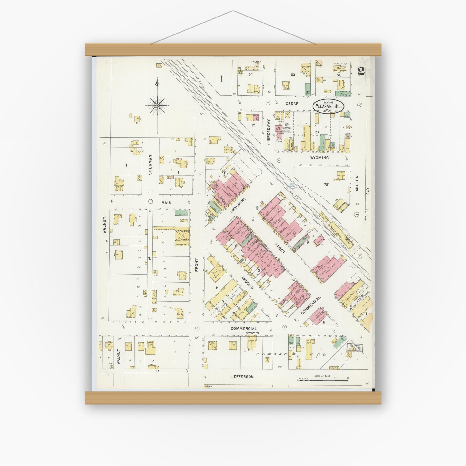 Old map wall art mockup — magnetic wood frame on white wall — Sanborn Fire Insurance Map from Pleasant Hill, Cass County, Missouri (1898), Sheet #0002