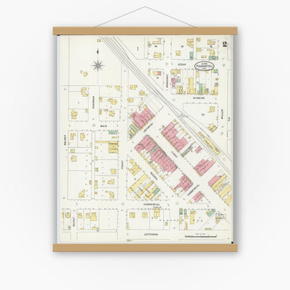 Old map wall art mockup — magnetic wood frame on white wall — Sanborn Fire Insurance Map from Pleasant Hill, Cass County, Missouri (1898), Sheet #0002