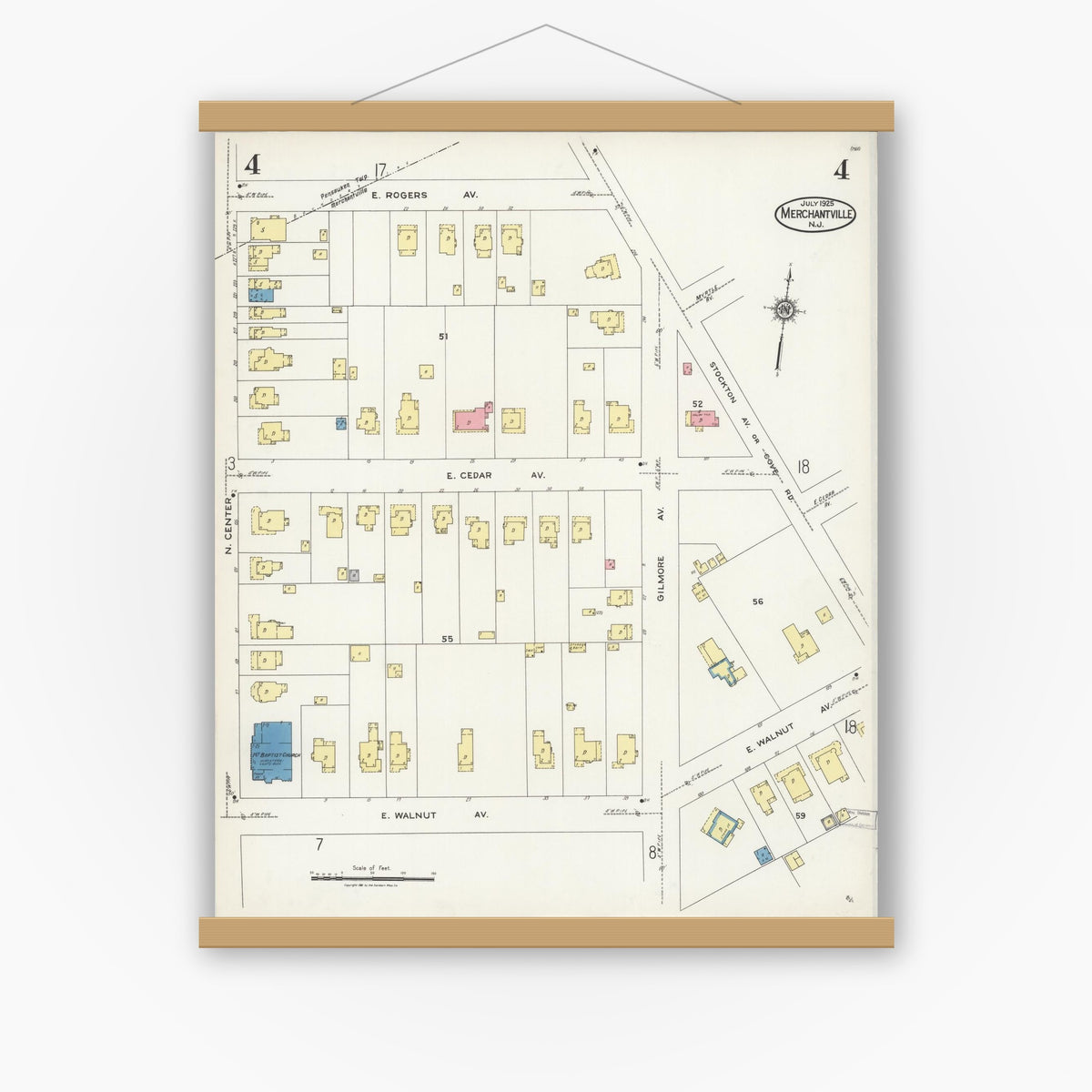 Old map wall art mockup — magnetic wood frame on white wall — Sanborn Fire Insurance Map from Merchantville, Camden County, New Jersey (1925), Sheet #0004